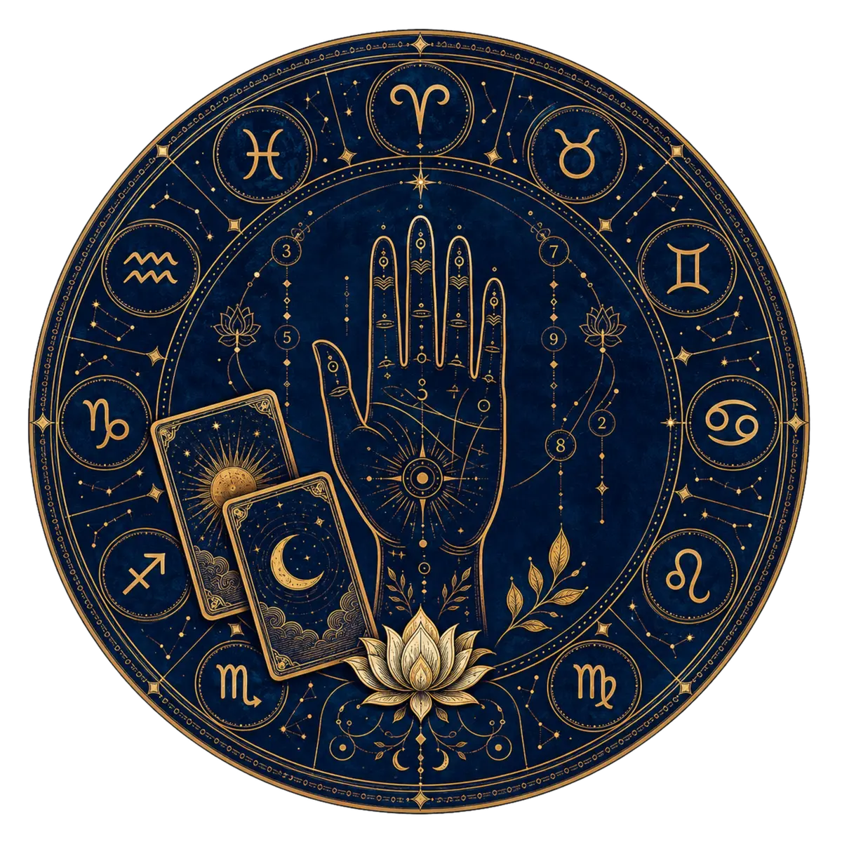 A celestial Vedic compass combining palmistry, numerology and tarot symbols